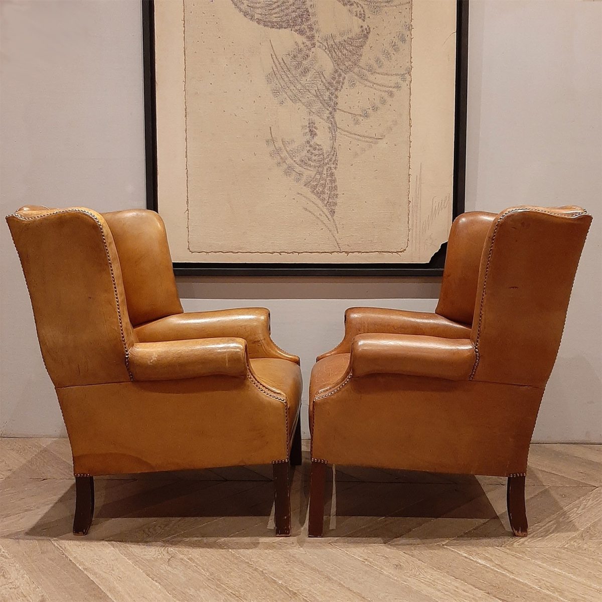 beoefenaar het kan vooroordeel Paar luxe cognac kleurige lederen vintage fauteuils - Piet Jonker